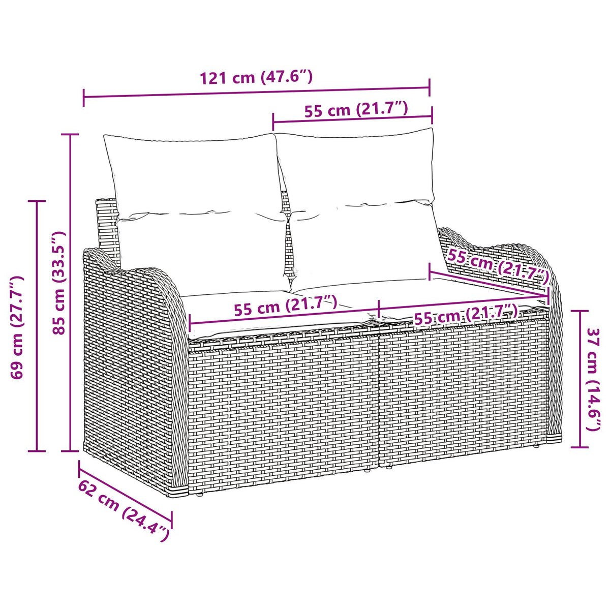2-Sitzer Gartensofa mit Stauraum und Kissen Schwarz Poly Rattan