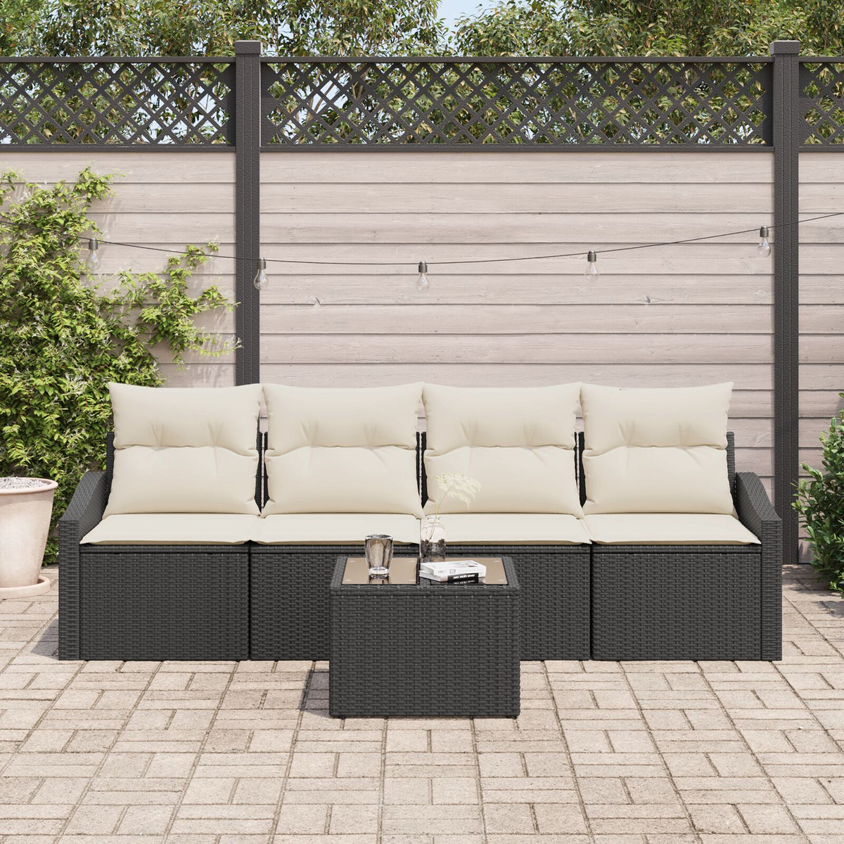 5-teilige Garten Essgruppe mit Kissen Schwarz Poly-Rattan