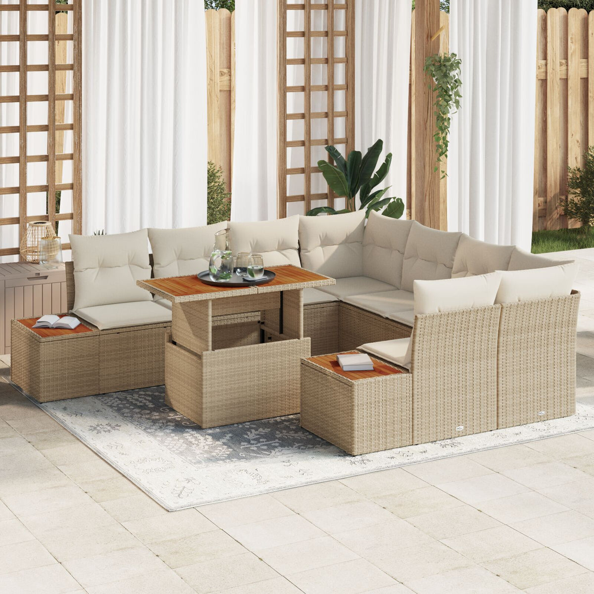 Garten Sofa Set Set von 9 Beige Rattan Garten Essgruppe