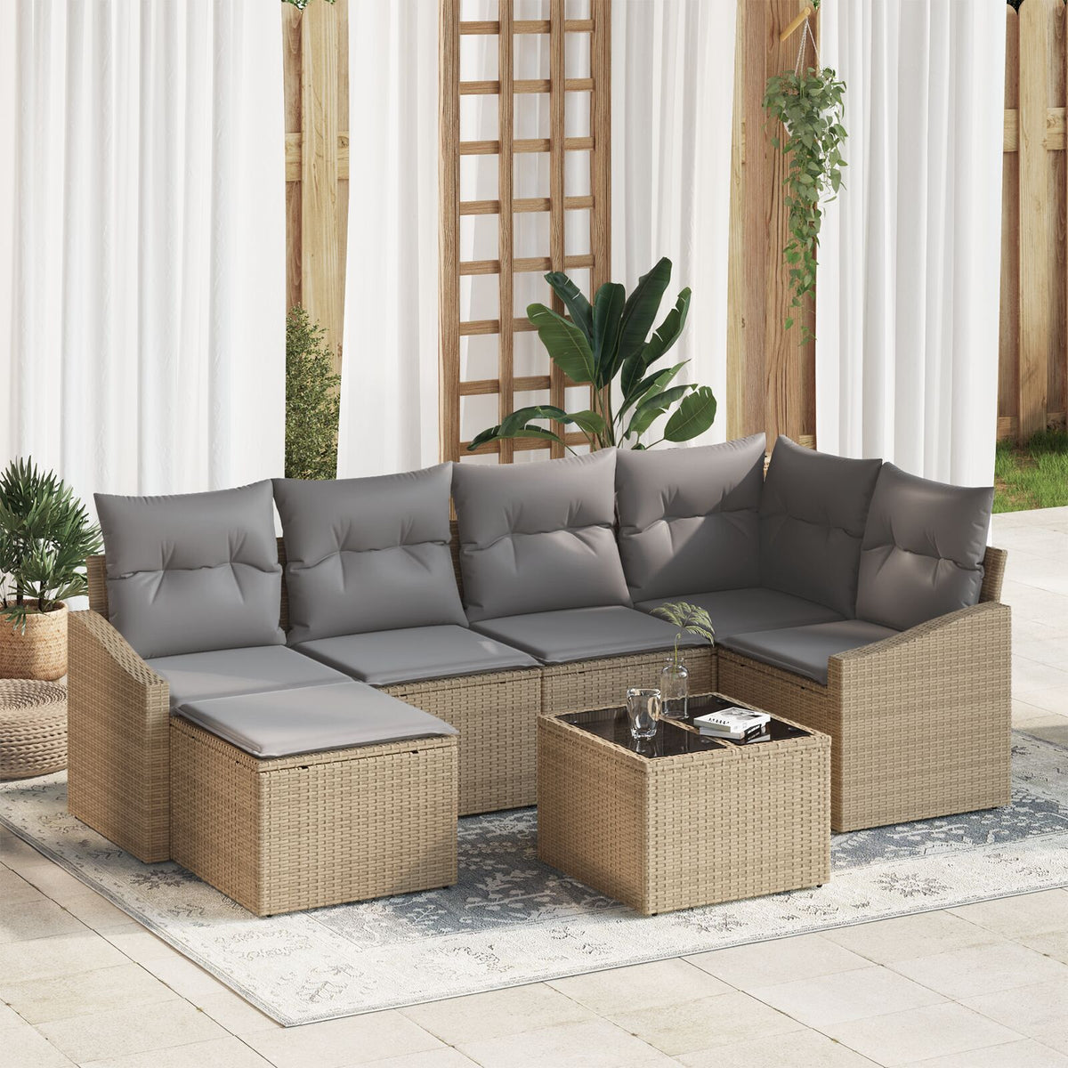 7-teilige Garten Essgruppe mit Kissen Schwarz Poly Rattan