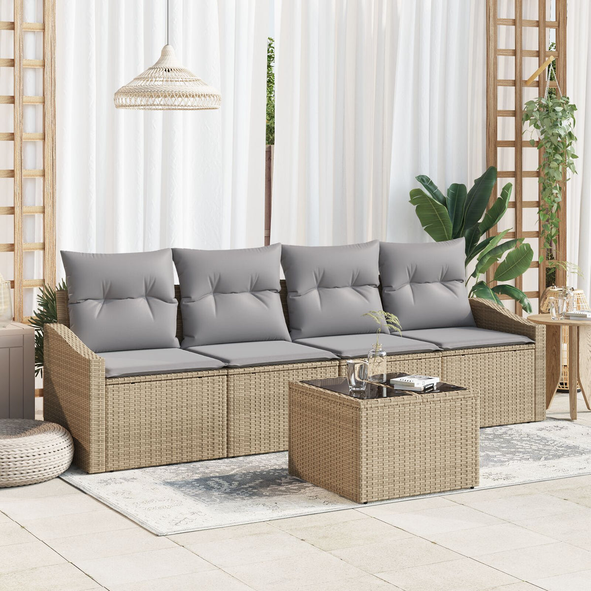 5-teiliges Garten Essgruppen Set mit Kissen Beige Poly Rattan