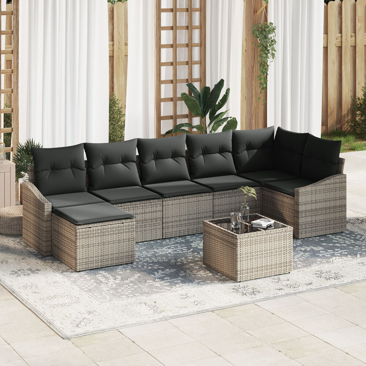 7-teiliges Garten Essset mit Kissen Schwarz Poly Rattan