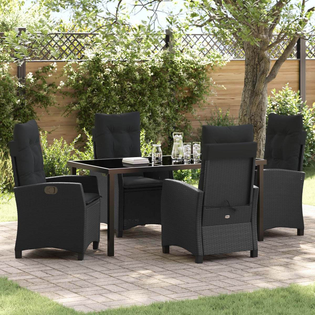 5-teilige Garten-Essgruppe mit Kissen Schwarz Poly-Rattan