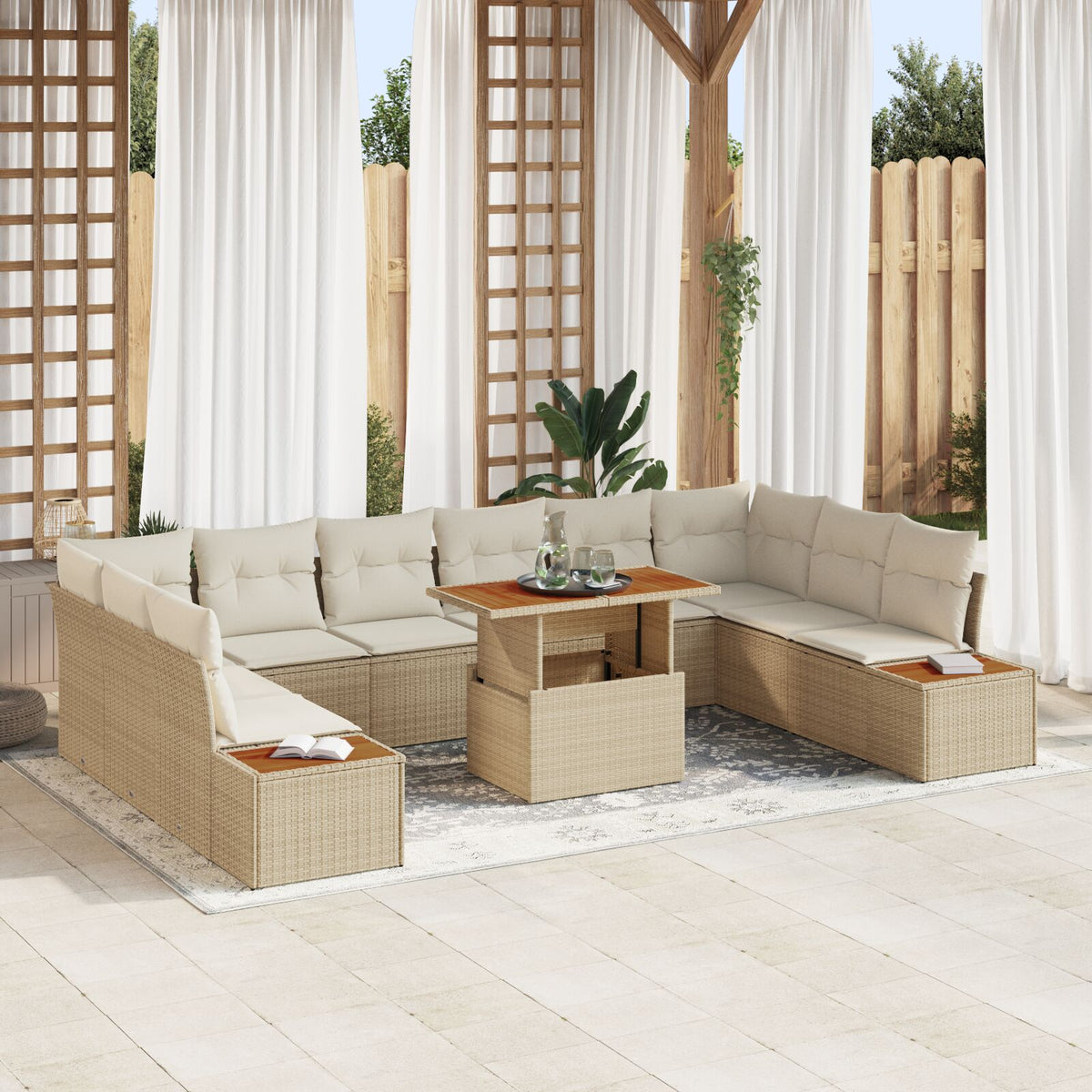 11-teilige Garten-Essgruppe mit Kissen Beige Poly-Rattan Akazie