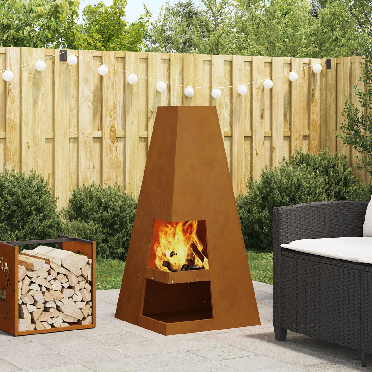 Feuerstelle mit Holzlager 50x50x100 cm Wetterstahl