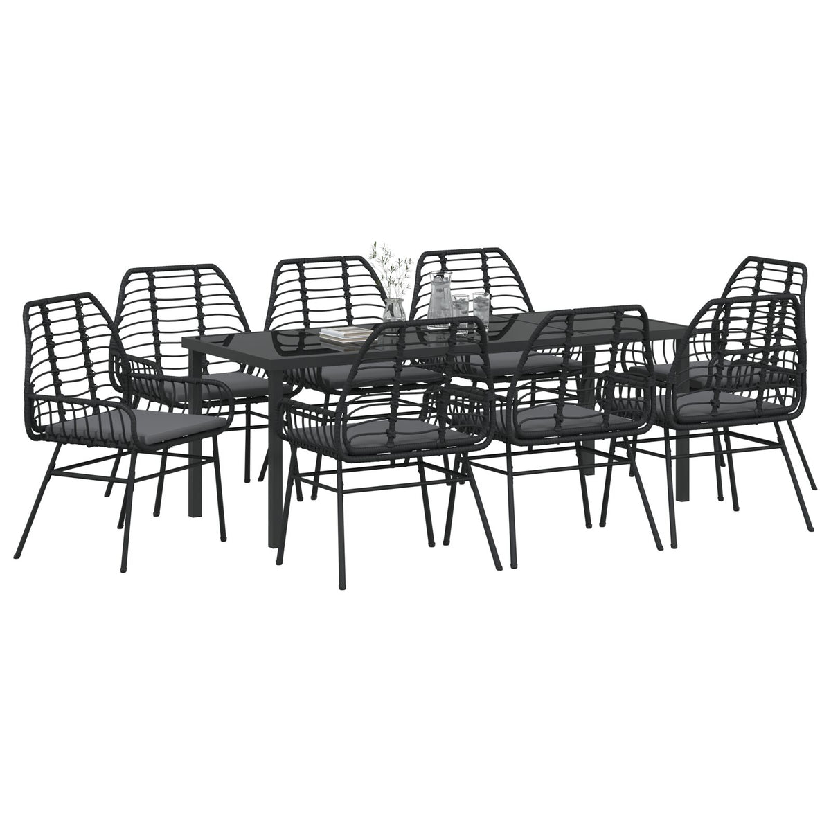 9-teiliges Garten-Essgruppen-Set mit Kissen Schwarz Poly Rattan