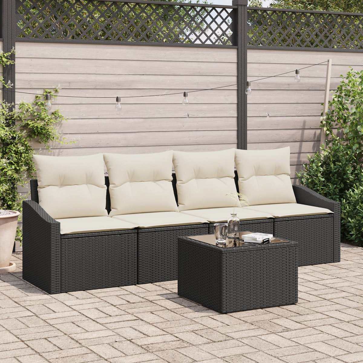 5-teilige Garten Essgruppe mit Kissen Schwarz Poly-Rattan