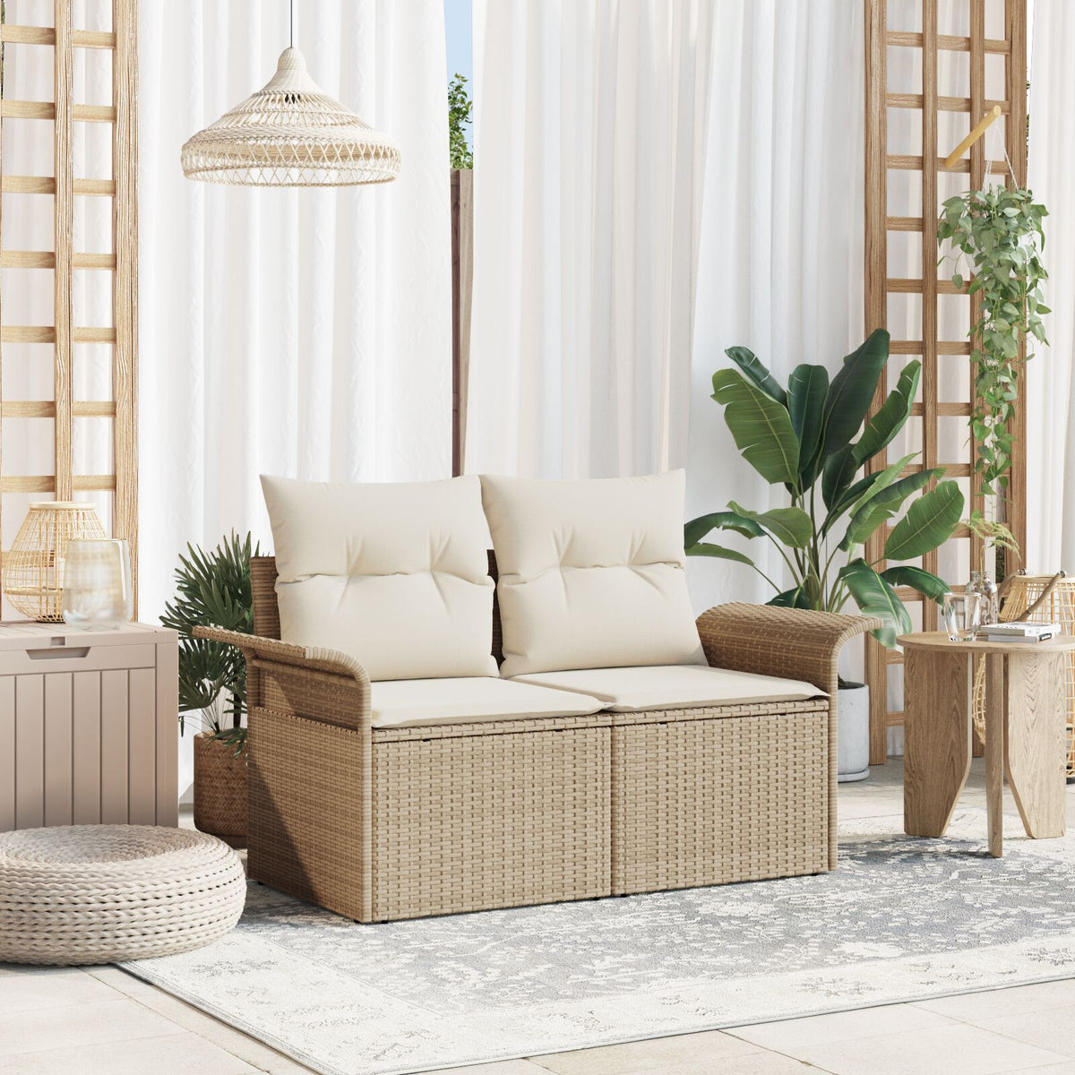 2-Sitzer Gartensofa mit Kissen Beige Polyrattan