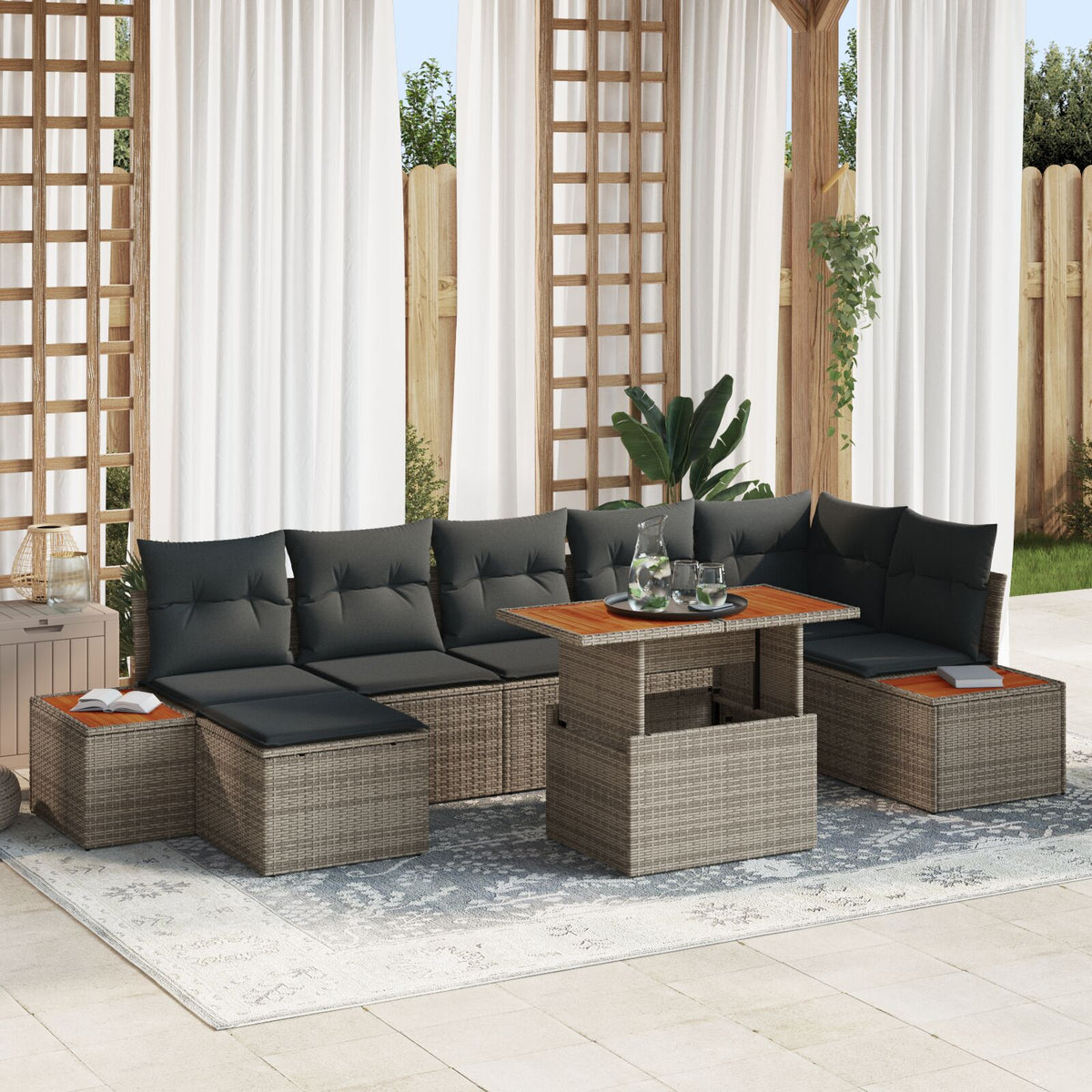 Garten Sofa Set 8-teilig Grau Rattan, Polyester Garten Essgruppe