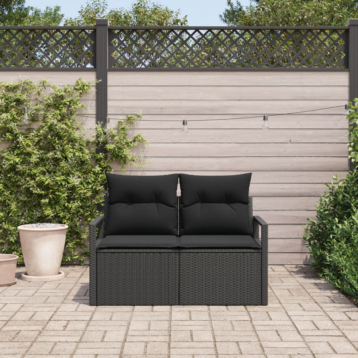 2-Sitzer Gartensofa mit Stauraum und Kissen Schwarz Poly Rattan