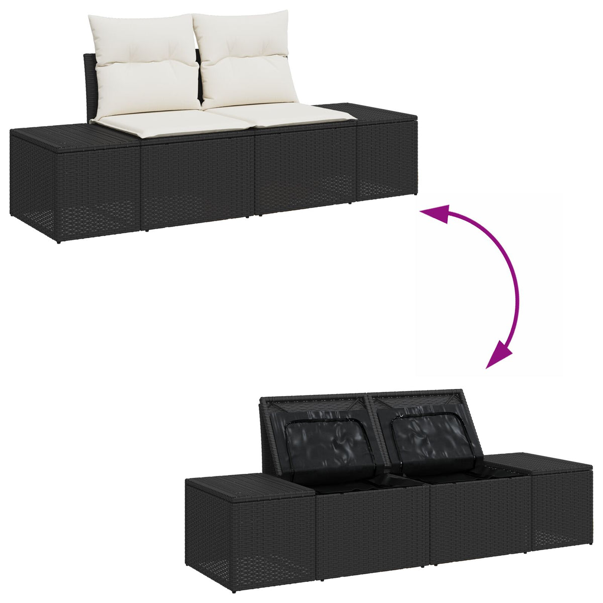2-Sitzer Garten-Sofa mit Stauraum & Kissen Schwarz Poly Rattan