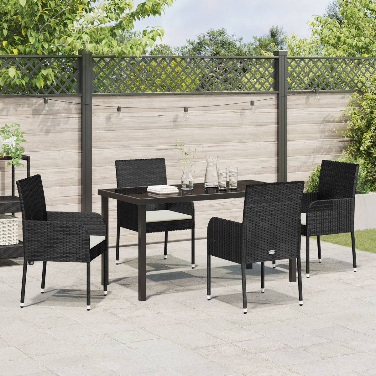 5-teilige Garten-Essgruppe mit Kissen schwarzes Poly-Rattan