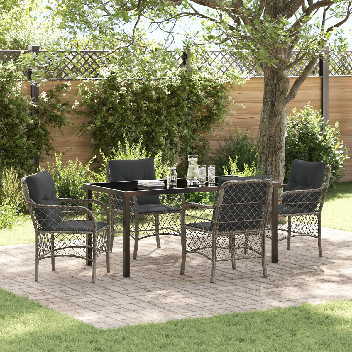 5-teilige Garten Essgruppe mit Kissen Grau Poly Rattan