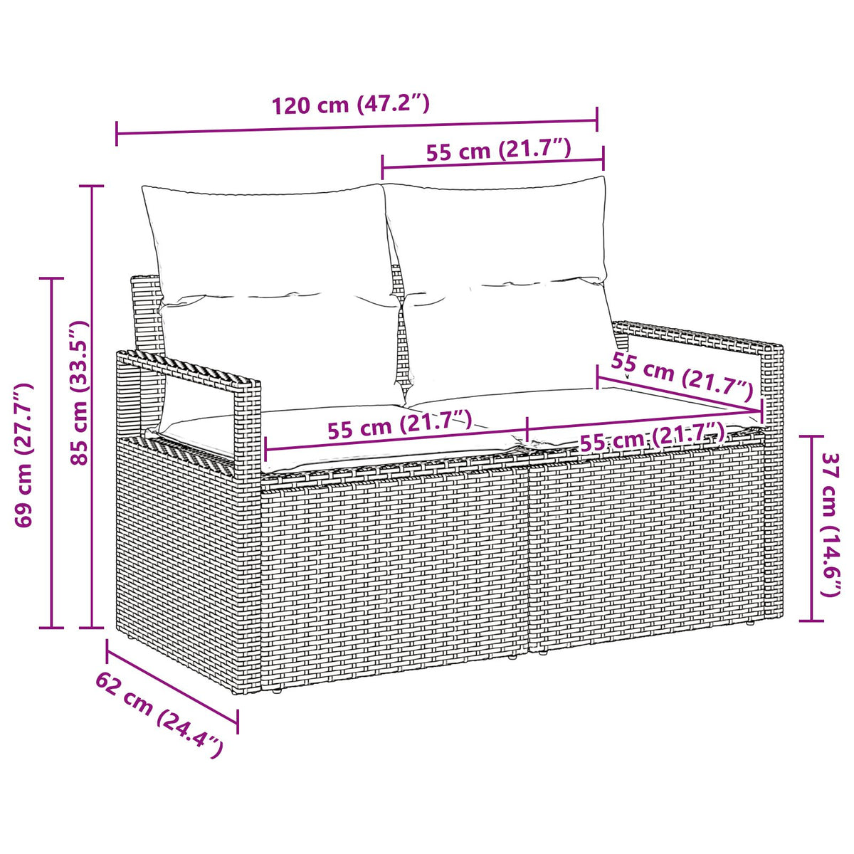 2-Sitzer Garten-Sofa mit Stauraum und Kissen Grau Poly Rattan