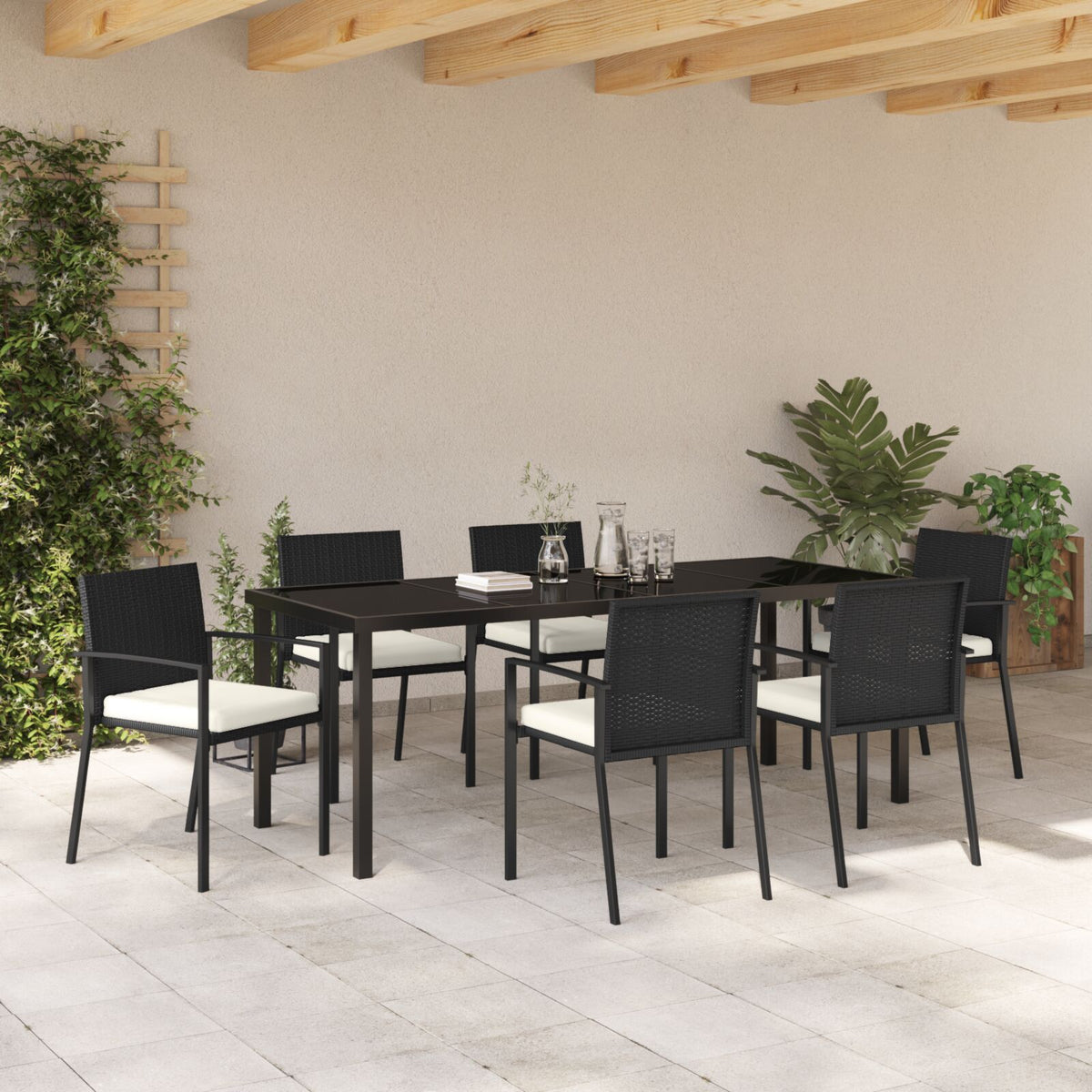 7-teilige Garten-Essgruppe aus schwarzem Poly-Rattan