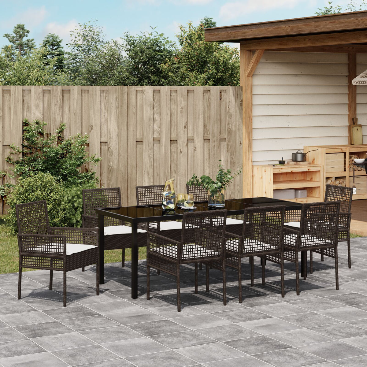 9-teilige Garten-Essgruppe mit Kissen Braunes Polyrattan