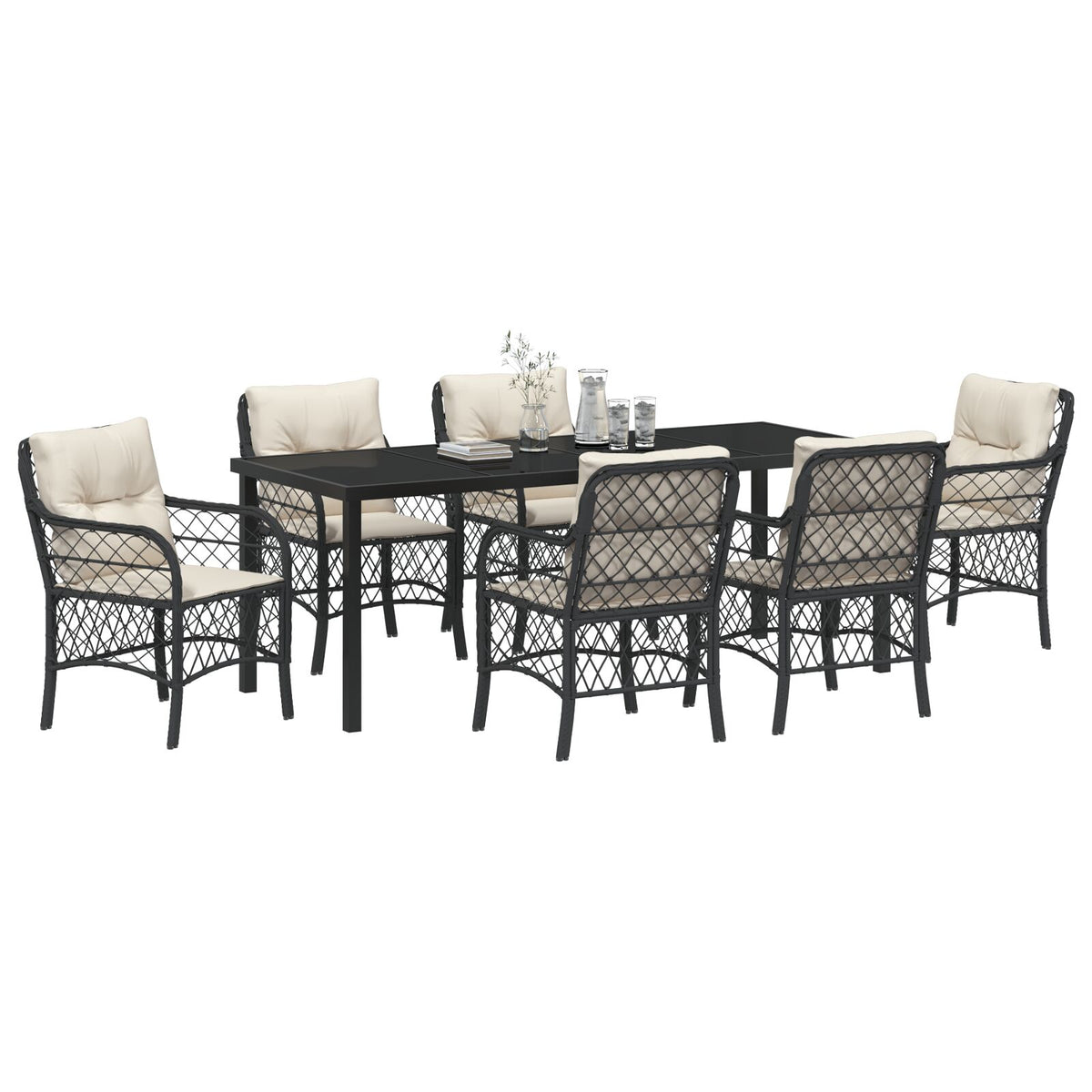 7-teilige Garten-Essgruppe mit Kissen Schwarzes Poly-Rattan
