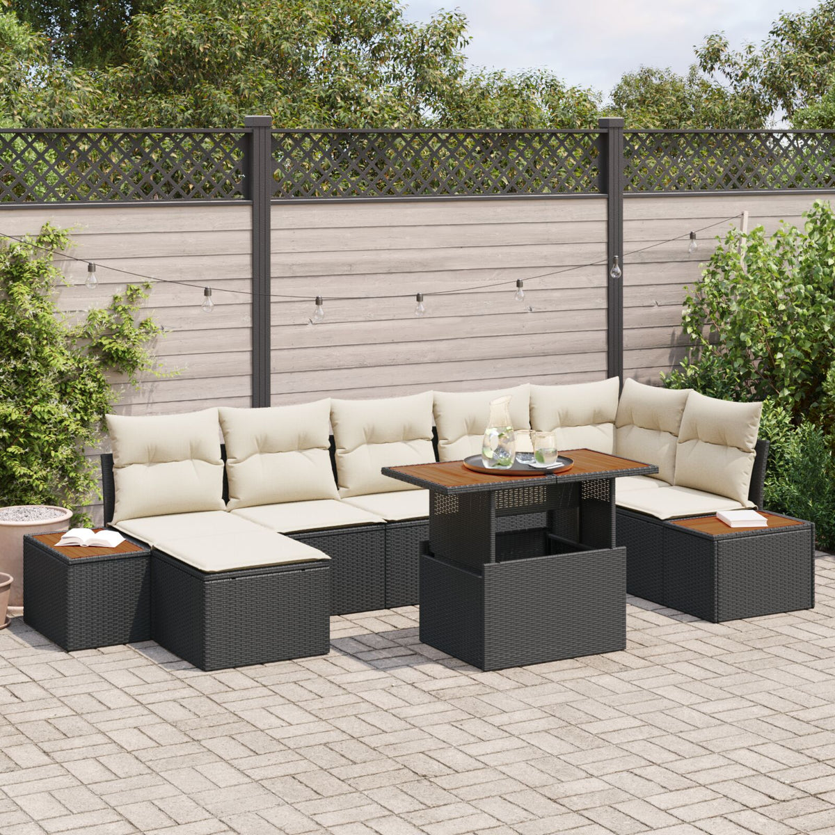 8-teilige Garten Essgruppe mit Kissen Schwarz Poly Rattan Akazie
