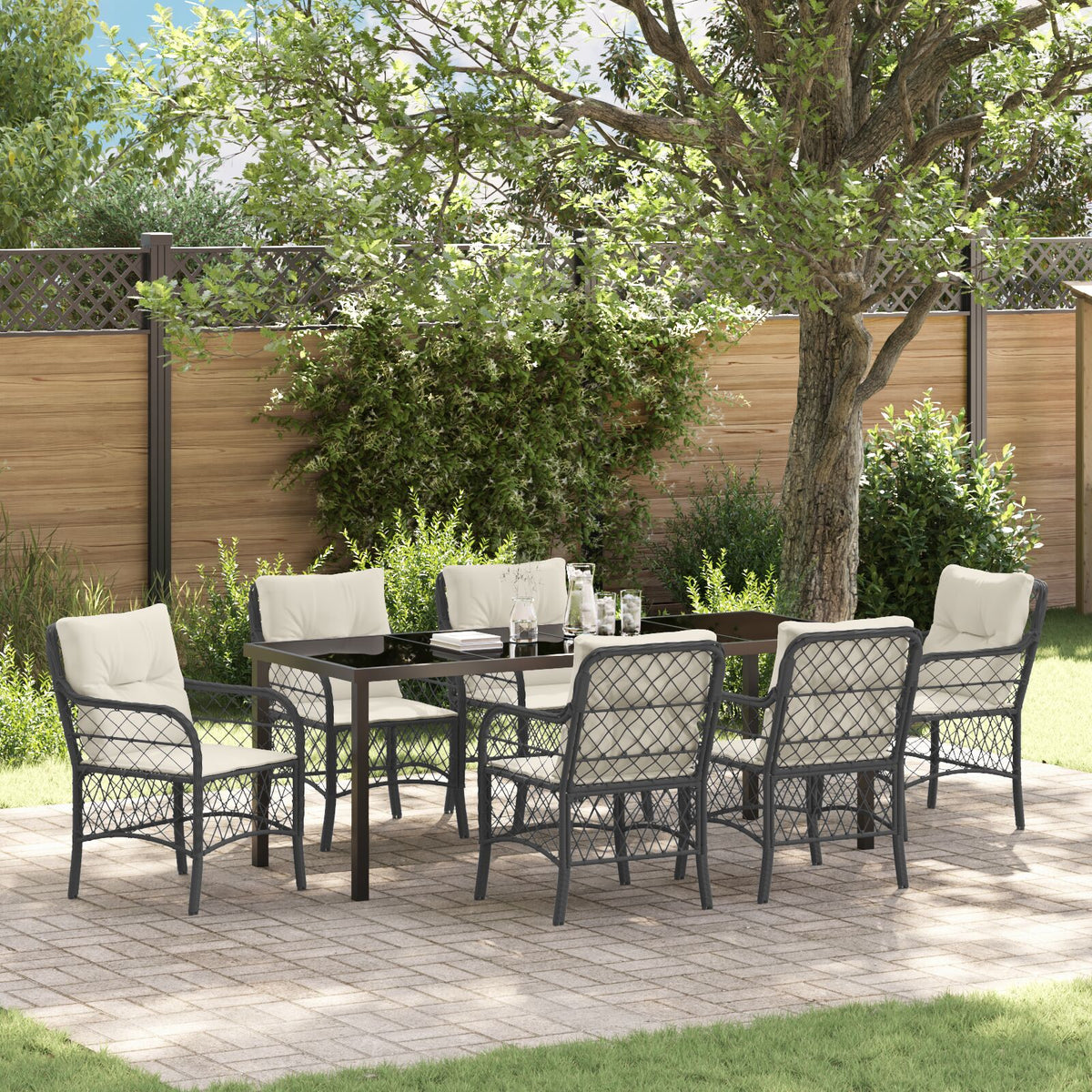 7-teilige Garten-Essgruppe mit Kissen Schwarzes Poly-Rattan