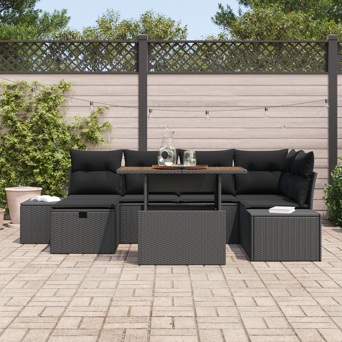 7-teiliges Garten Essgruppe mit Kissen Schwarz Poly Rattan Akazie