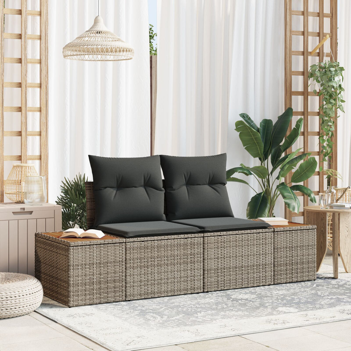 2-Sitzer Gartensofa mit Kissen Grau Poly Rattan