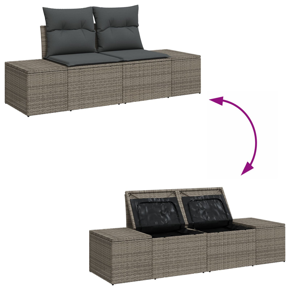 2-Sitzer Garten Sofa mit Stauraum & Kissen Grau Poly Rattan