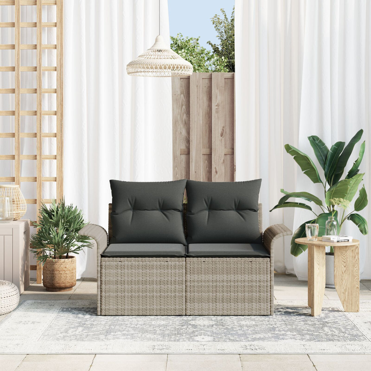 2-Sitzer Garten-Sofa mit Kissen Hellgrau Poly Rattan