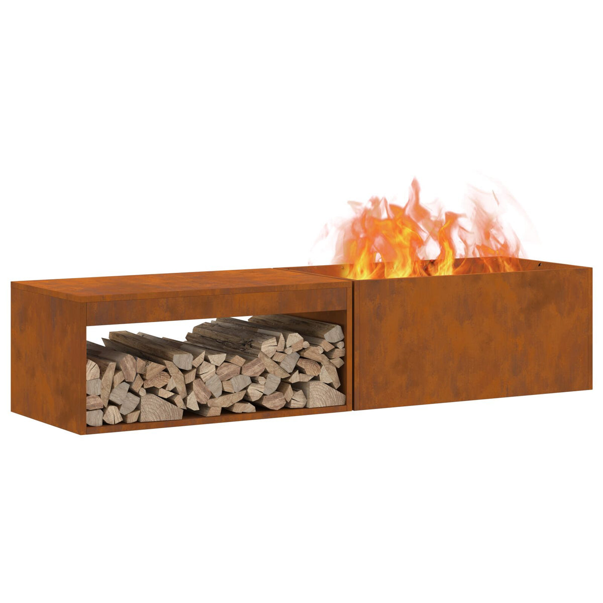 Feuerstelle mit Holzlager 160x45x35 cm Wetterfester Stahl