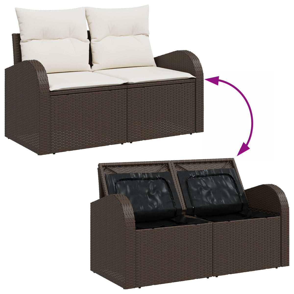 2-Sitzer Garten Sofa mit Stauraum & Kissen in Braun aus Poly Rattan