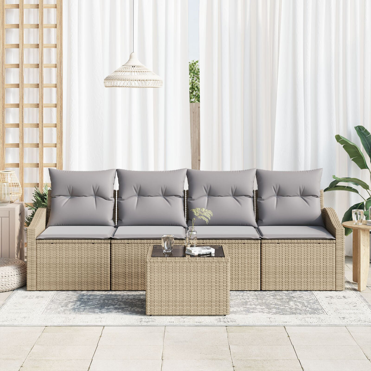 5-teiliges Garten Essgruppen Set mit Kissen Beige Poly Rattan