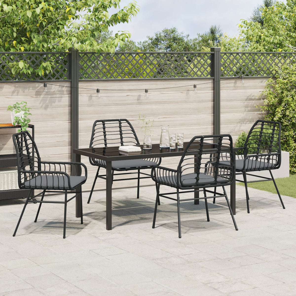 5-teilige Garten-Essgruppe mit Kissen Schwarz Poly-Rattan