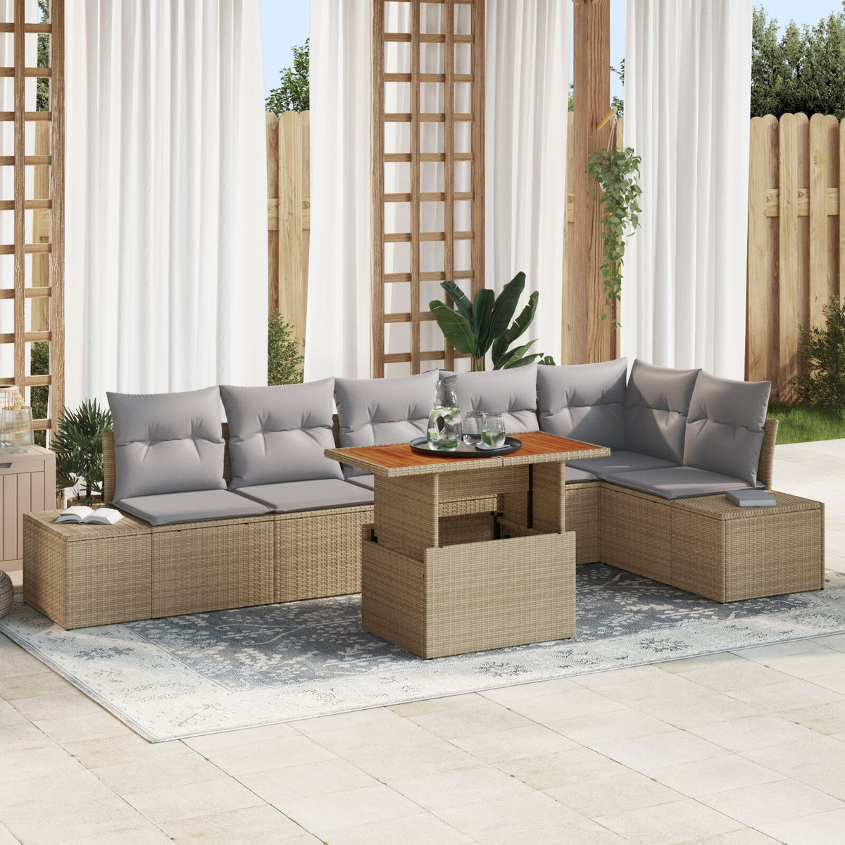 7 Teile Garten-Essgruppe mit Kissen Beige Poly-Rattan Akazie
