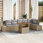 7 Teile Garten-Essgruppe mit Kissen Beige Poly-Rattan Akazie