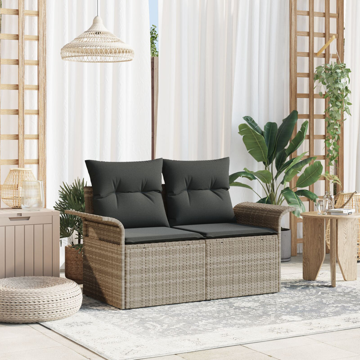 2-Sitzer Garten-Sofa mit Kissen Hellgrau Poly Rattan