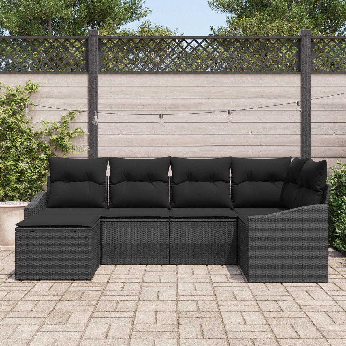 6-teilige Garten Essgruppe mit Polstern in Schwarz aus Poly Rattan