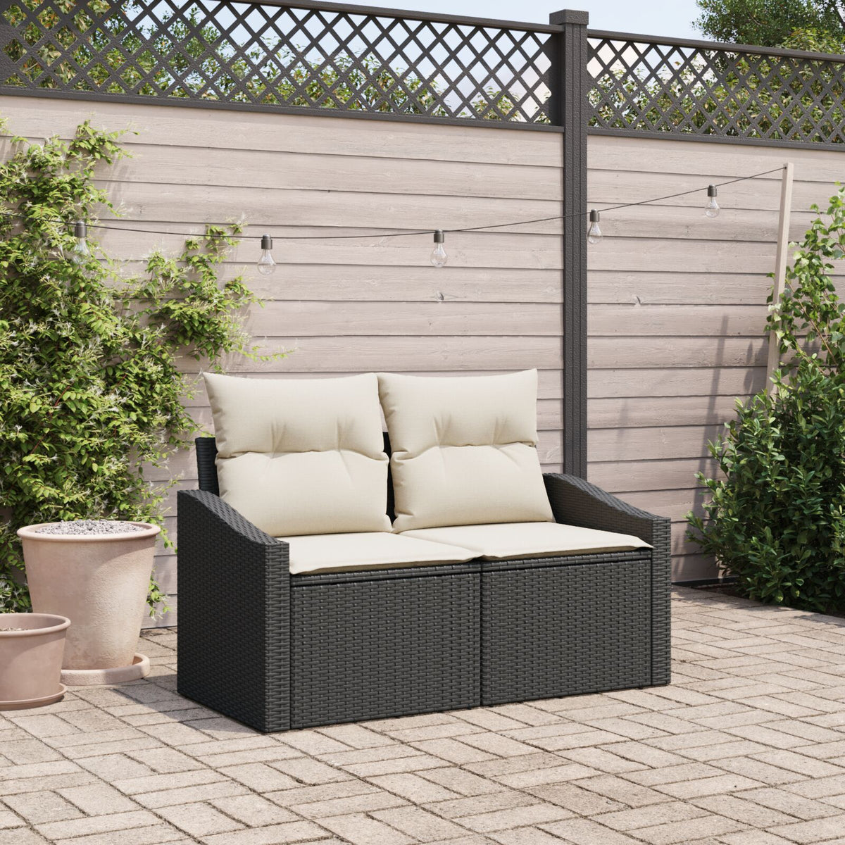 2-Sitzer Garten Sofa mit Kissen Schwarz Poly Rattan