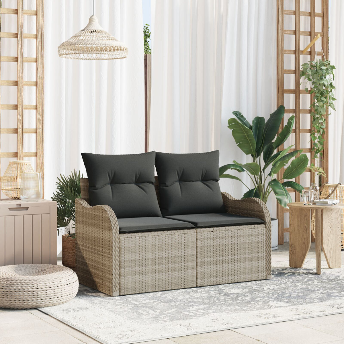 2-Sitzer Gartensofa mit Stauraum und Kissen Hellgrau Poly Rattan