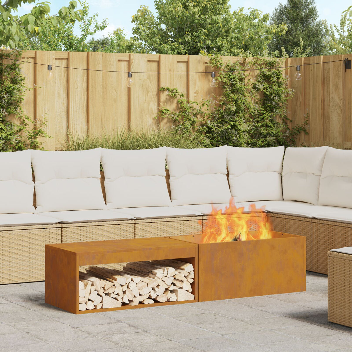 Feuerstelle mit Holzlager 160x45x35 cm Wetterfester Stahl