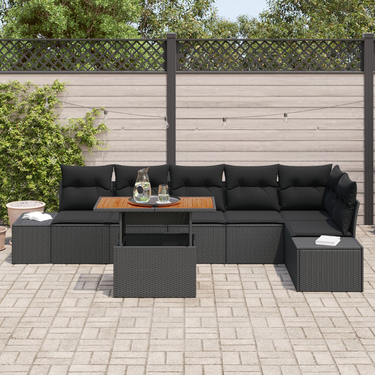7-teiliges Garten Essgruppe mit Kissen Schwarz Poly Rattan Akazie