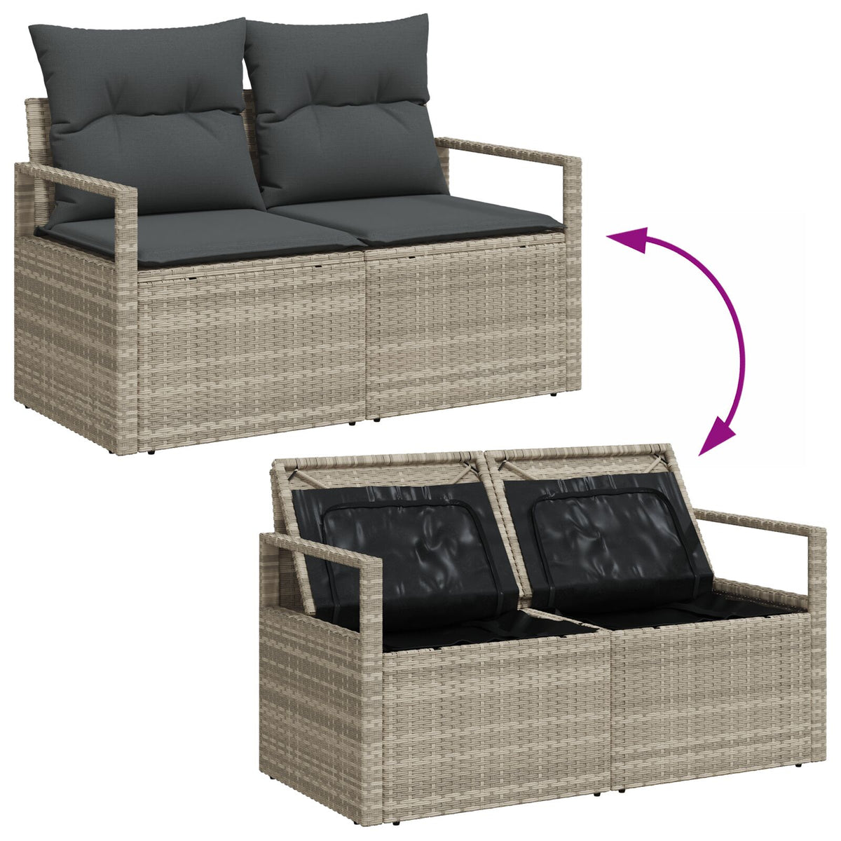 2-Sitzer Garten Sofa mit Stauraum und Kissen Grau Poly Rattan