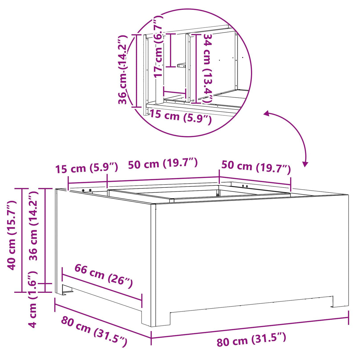 Feuerstelle Quadrat 80x80x40 cm Wetterstahl