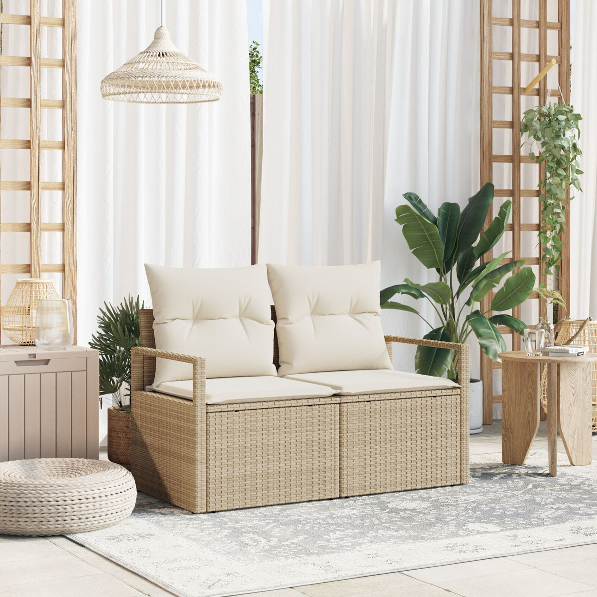 2-Sitzer Garten Sofa mit Kissen Beige Poly Rattan