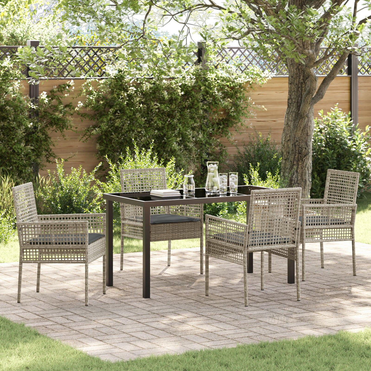 5-teiliges Garten-Essgruppen-Set mit Kissen Hellgrau Poly Rattan