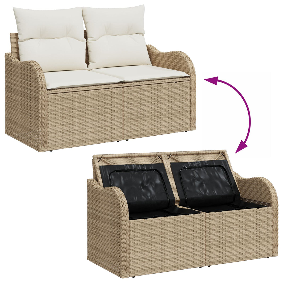 2-Sitzer Garten-Sofa mit Stauraum und Kissen Beige Poly Rattan
