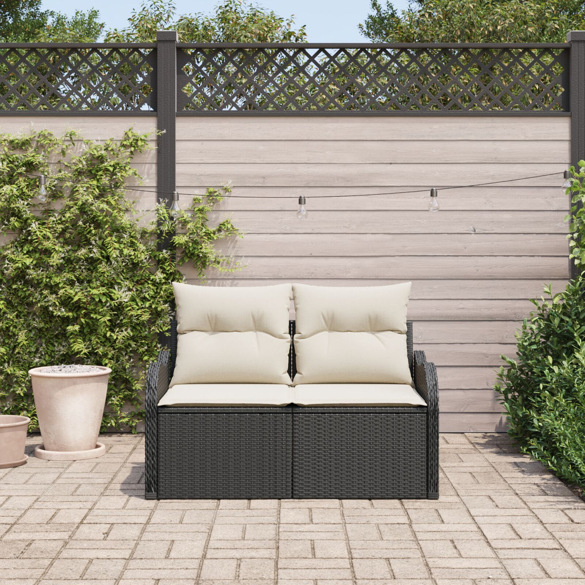 2-Sitzer Gartensofa mit Stauraum und Kissen Schwarz Poly Rattan