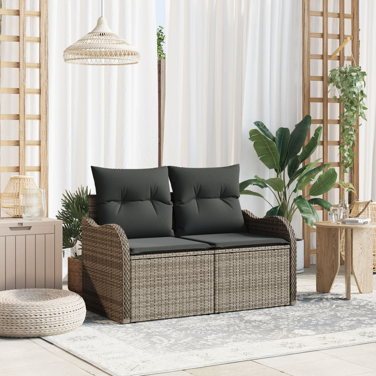 2-Sitzer Gartensofa mit Kissen Grau Poly Rattan