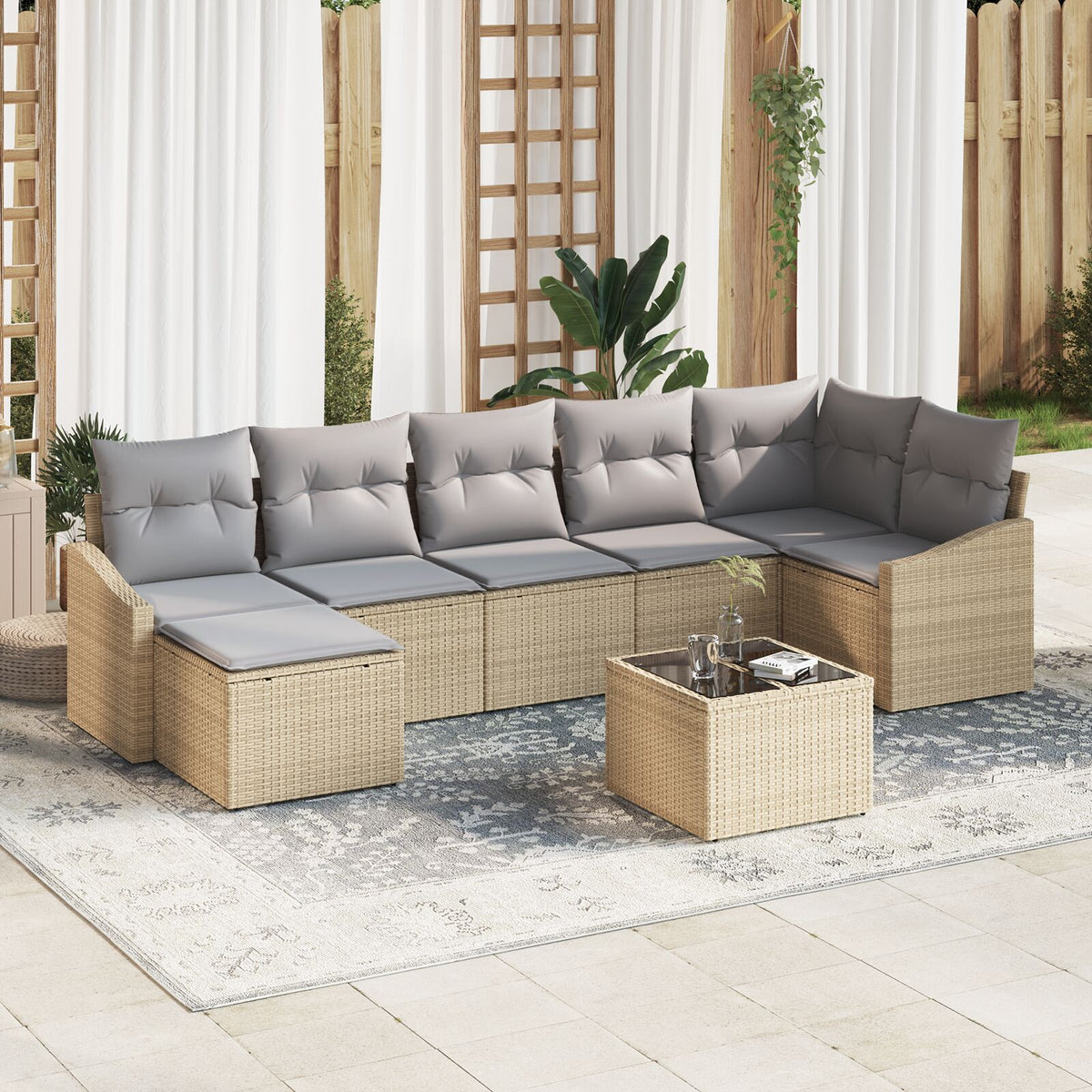 8-teiliges Garten-Essgruppe Set mit Kissen aus schwarzem Poly-Rattan