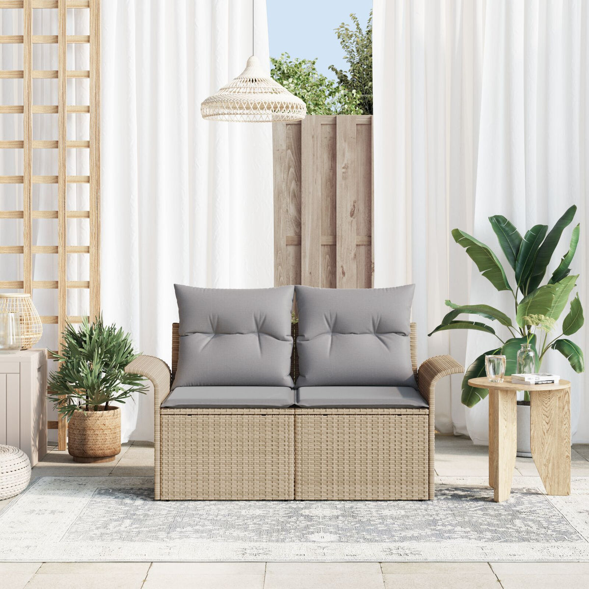 2-Sitzer Garten-Sofa mit Kissen Beige Poly Rattan