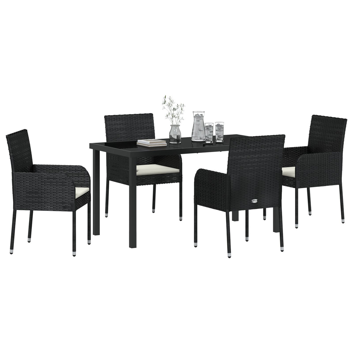 5-teilige Garten-Essgruppe mit Kissen schwarzes Poly-Rattan