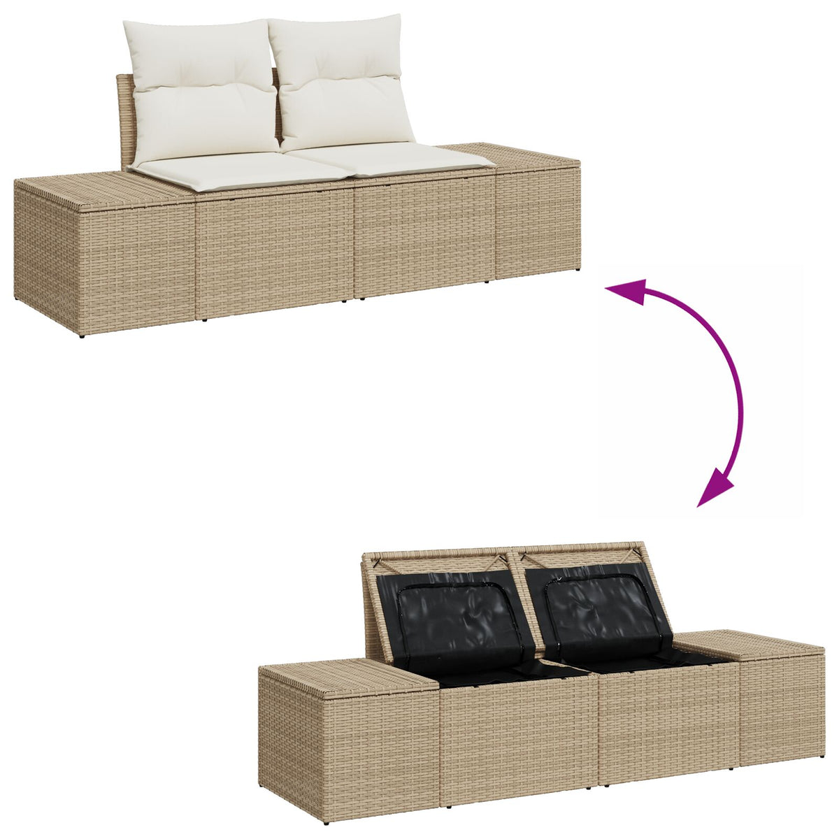 2-Sitzer Garten Sofa mit Stauraum & Kissen Beige Poly Rattan